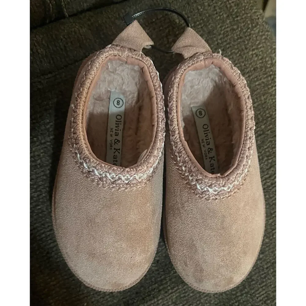 Olivia & Kate cozy Hard Bottom slippers size 8 blush pink faux suede